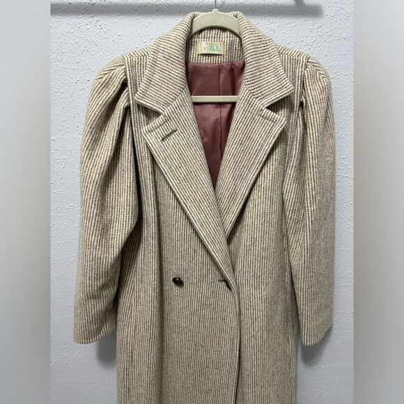 VINTAGE Jill Jr Pinstripe Wool Mid Length Coat OS Pleated Shoulders Neutral - Picture 8 of 16
